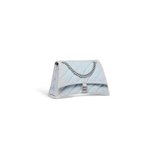 BALENCIAGA WOMEN'S CRUSH MEDIUM CHAIN BAG QUILTED DENIM IN LIGHT BLUE