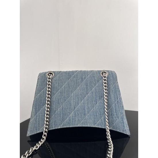 BALENCIAGA WOMEN'S CRUSH MEDIUM CHAIN BAG QUILTED DENIM IN LIGHT BLUE