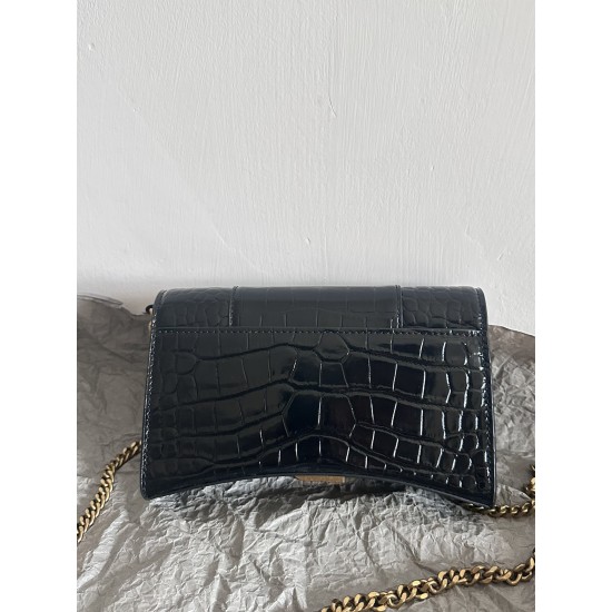 BALENCIAGA WOMEN'S HOURGLASS WALLET ON CHAIN CROCODILE EMBOSSED IN BLACK