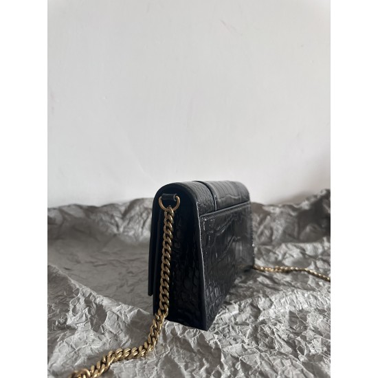 BALENCIAGA WOMEN'S HOURGLASS WALLET ON CHAIN CROCODILE EMBOSSED IN BLACK