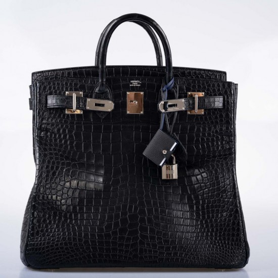 Hermès HAC Birkin 40 Black Matte Porosus Crocodile Palladium Hardware