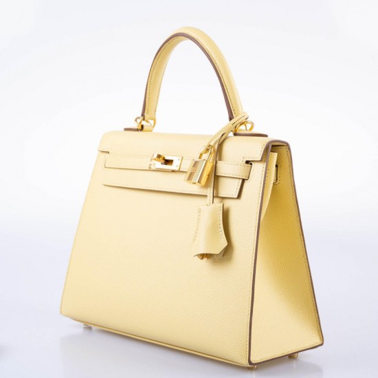 Hermès Kelly 25 Sellier Jaune Poussin Epsom with Gold Hardware